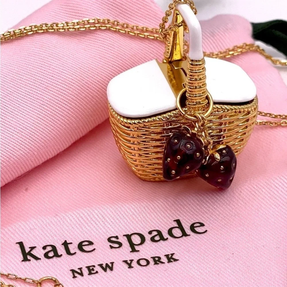 KATE SPADE Gold Picnic Basket Strawberry Long Pendant Statement Necklace